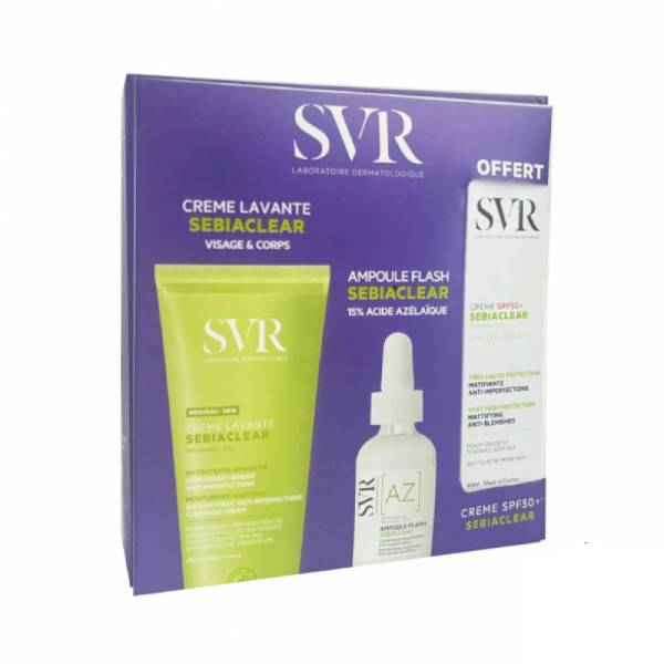 SVR COFFRET SEBIACLEAR CREME MOUSSANTE 200ML+AMPOULE AZ FLASH ANTI IMPERFECTIONS 30ML+CREME SOLAIRE MATIFIANTE SPF50 40ML (OFFERT)