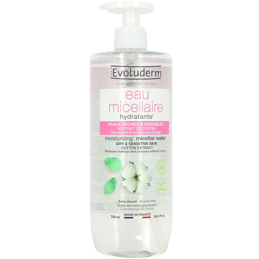 Evoluderm - Eau micellaire peaux sèches & sensibles extrait de coton - 750ml